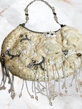 Pat Vini Hand Beaded Reticule Bag Y2K Couture Floral Sequin Evening Bag Cream